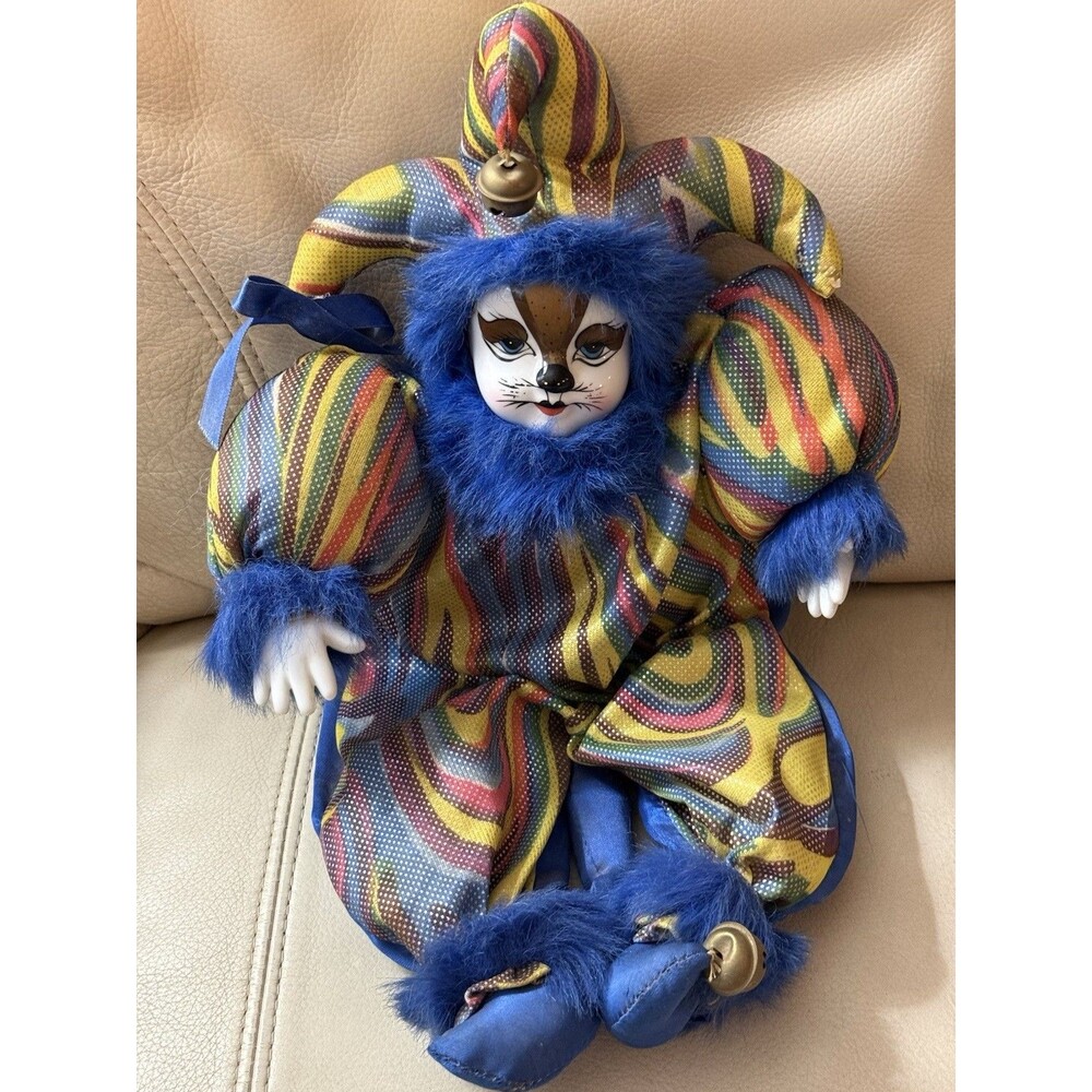 VTG Clown JESTER Doll CAT Porcelain Face & Hands White Multicolored Bells 18"